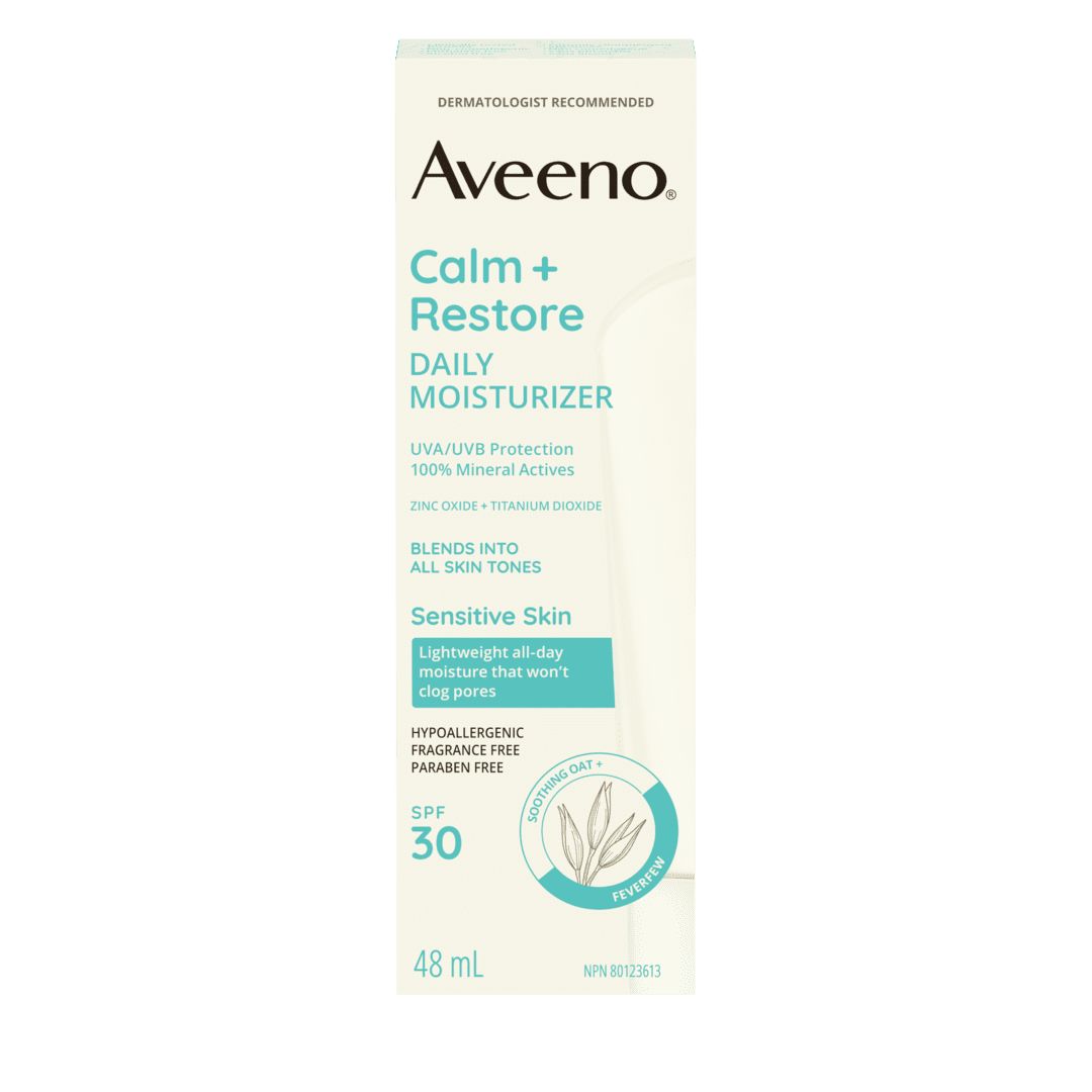 Panneau avant de l’hydratant quotidien avec écran solaire minéral FPS 30 Aveeno® Calm + Restore