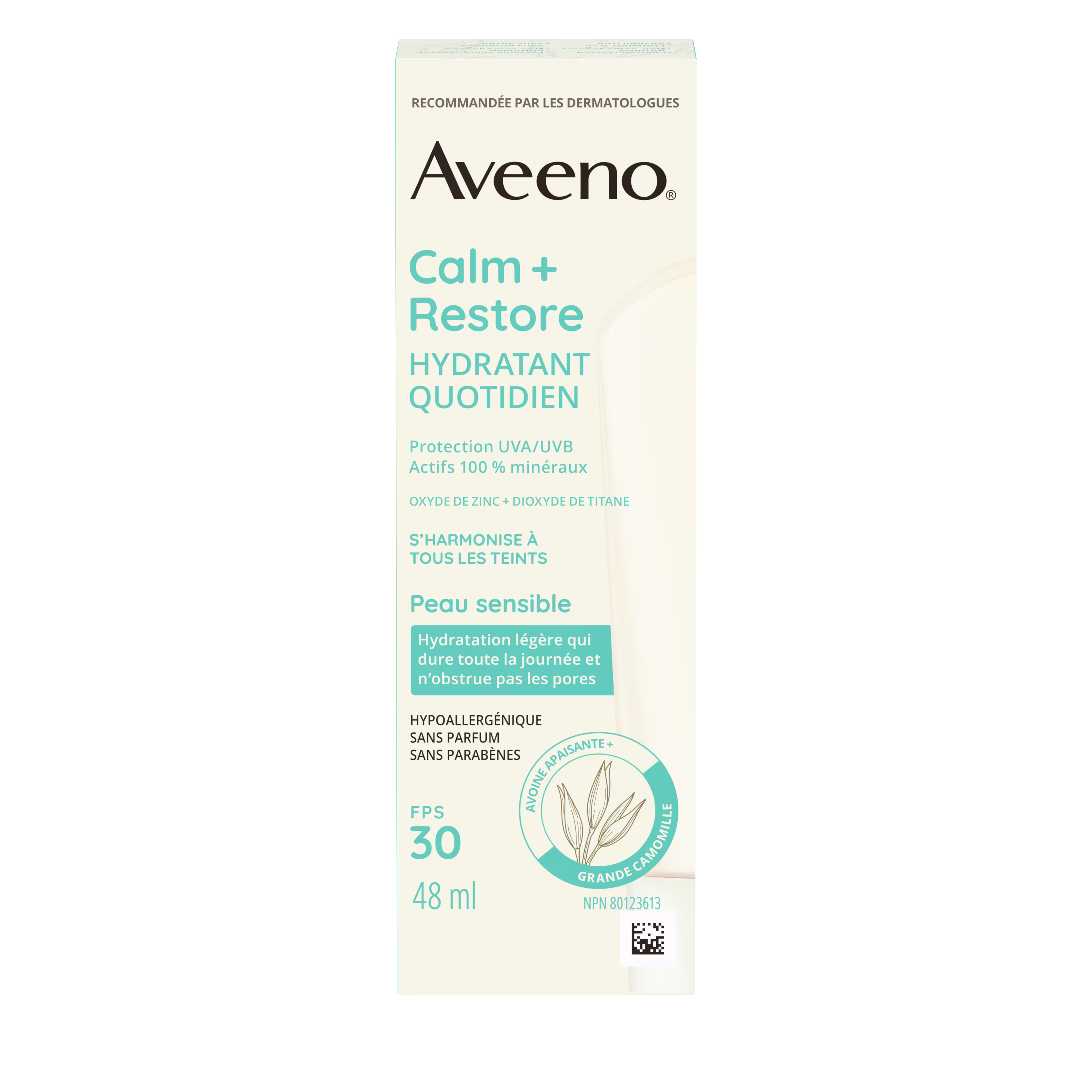 Panneau avant de l’hydratant quotidien avec écran solaire minéral FPS 30 Aveeno® Calm + Restore