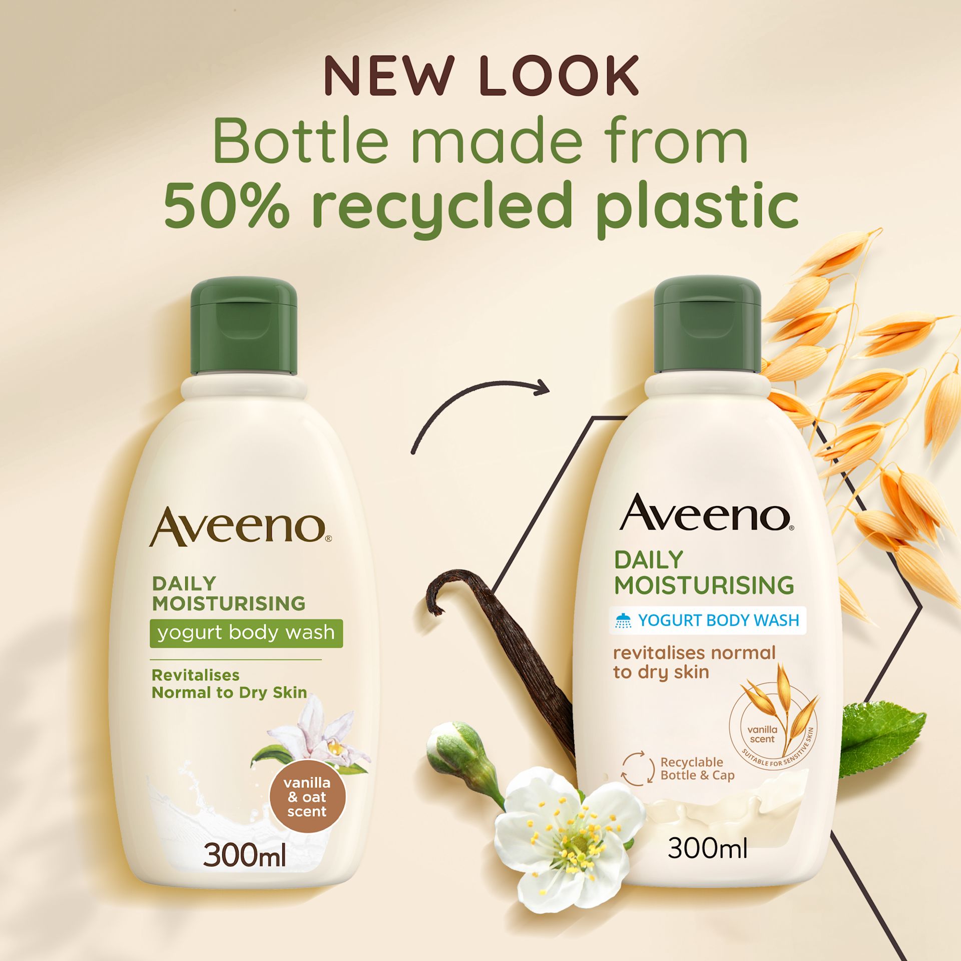 new look bottle made from 50% recycled plastic
