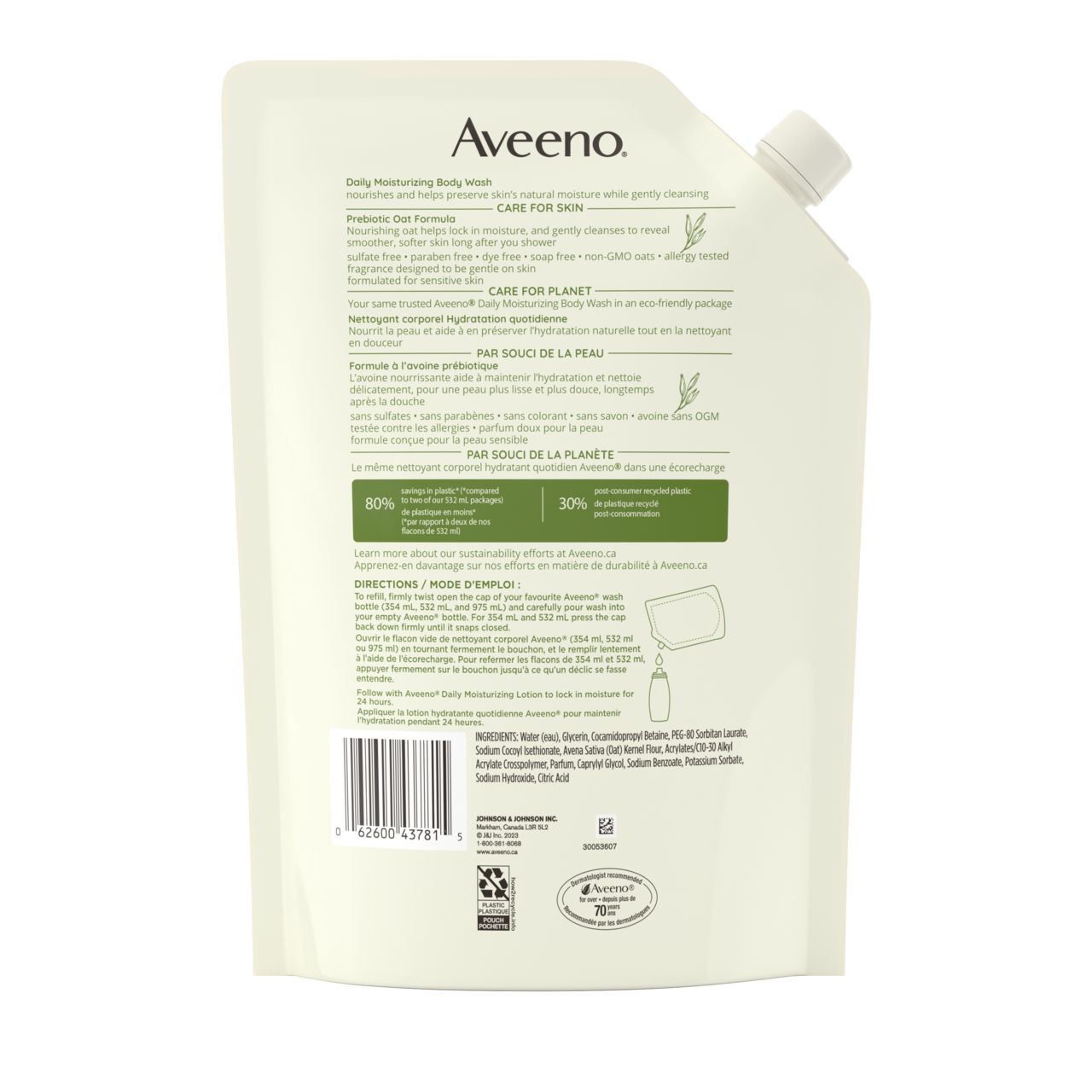 Panneau arrière de l'écorecharge du nettoyant corporel AVEENO® Hydratation quotidienne