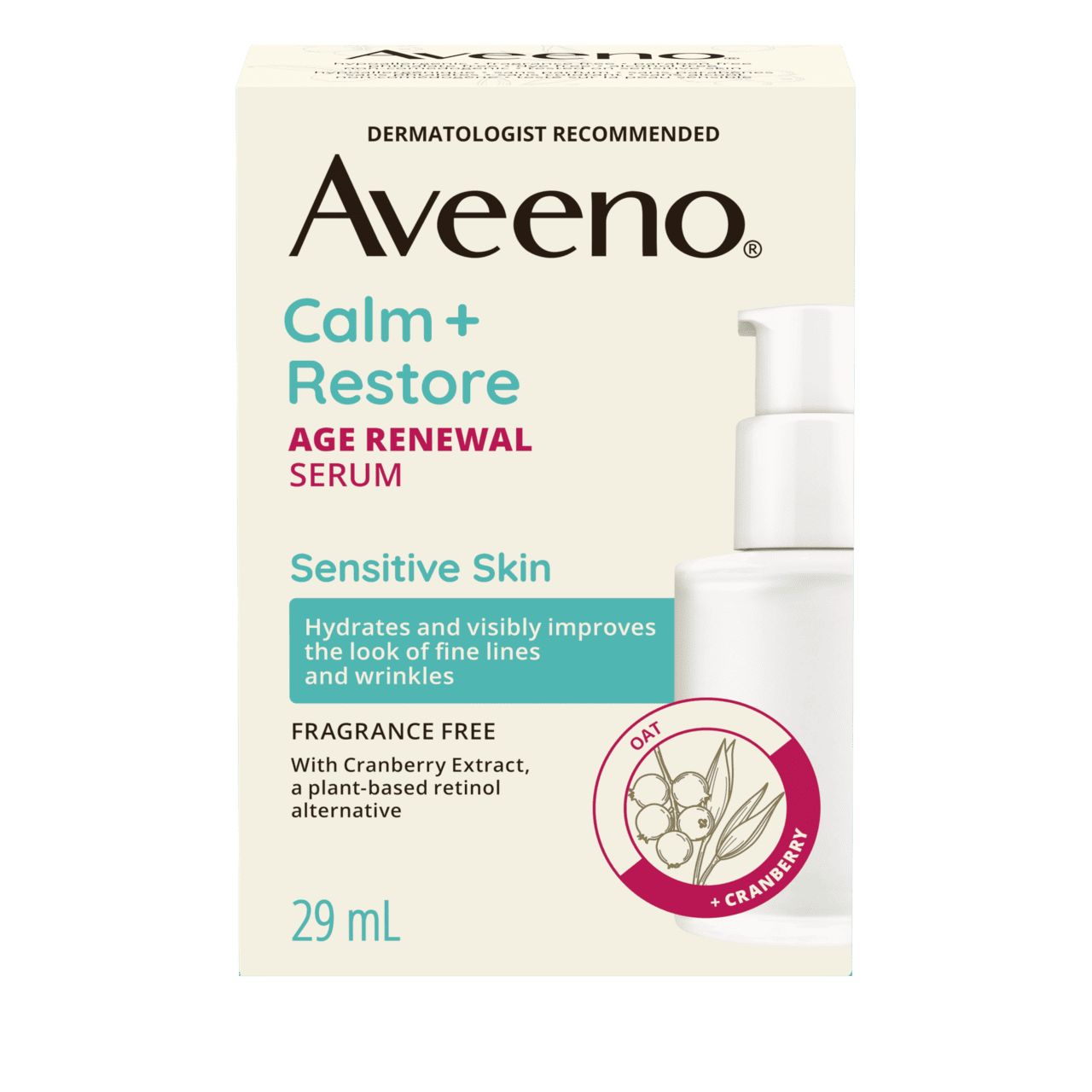 Panneau avant du sérum régénérant antiâge Aveeno® Calm + Restore, 29 ml