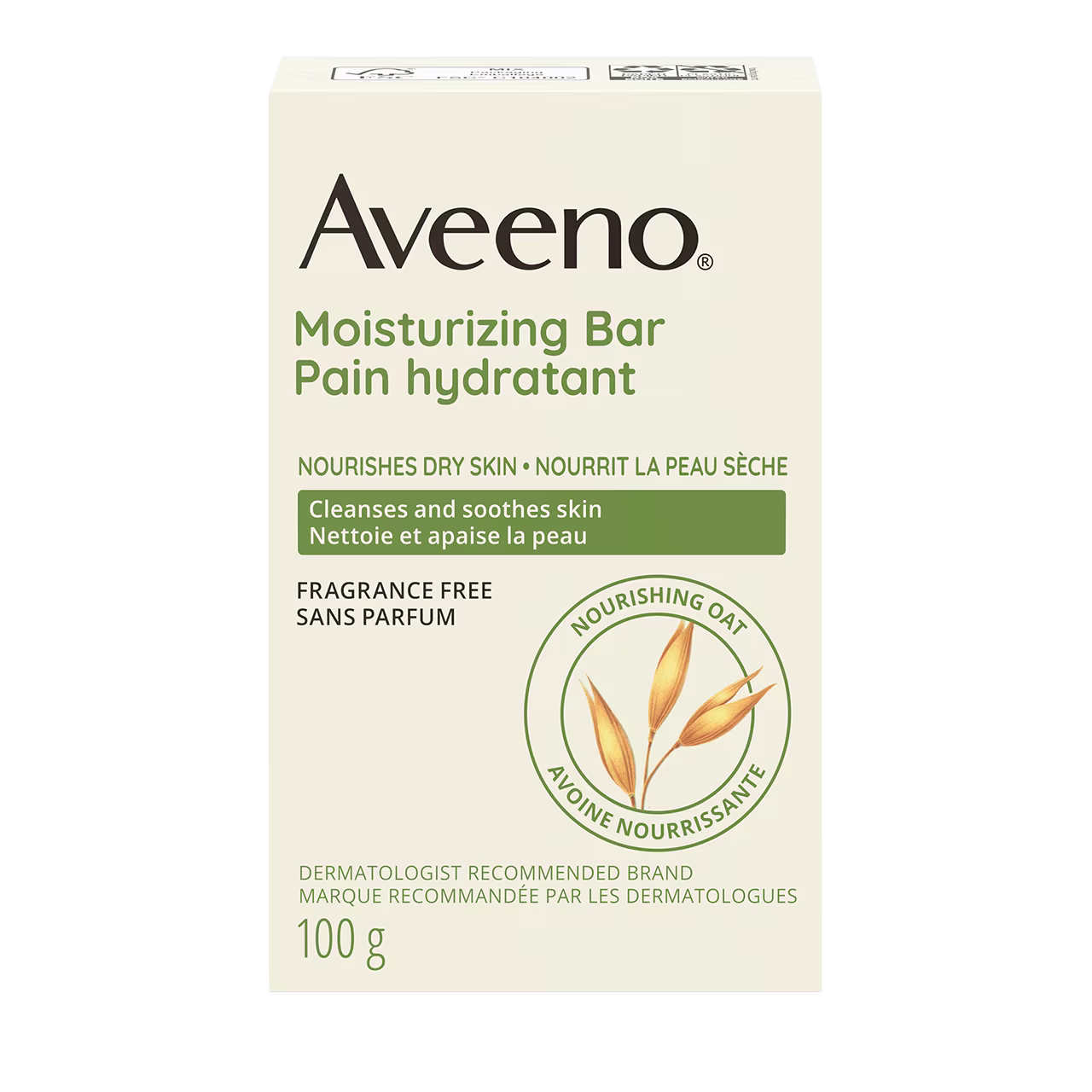 AVEENO® Moisturizing Bar for Dry Skin, Fragrance-free, 100g packaging