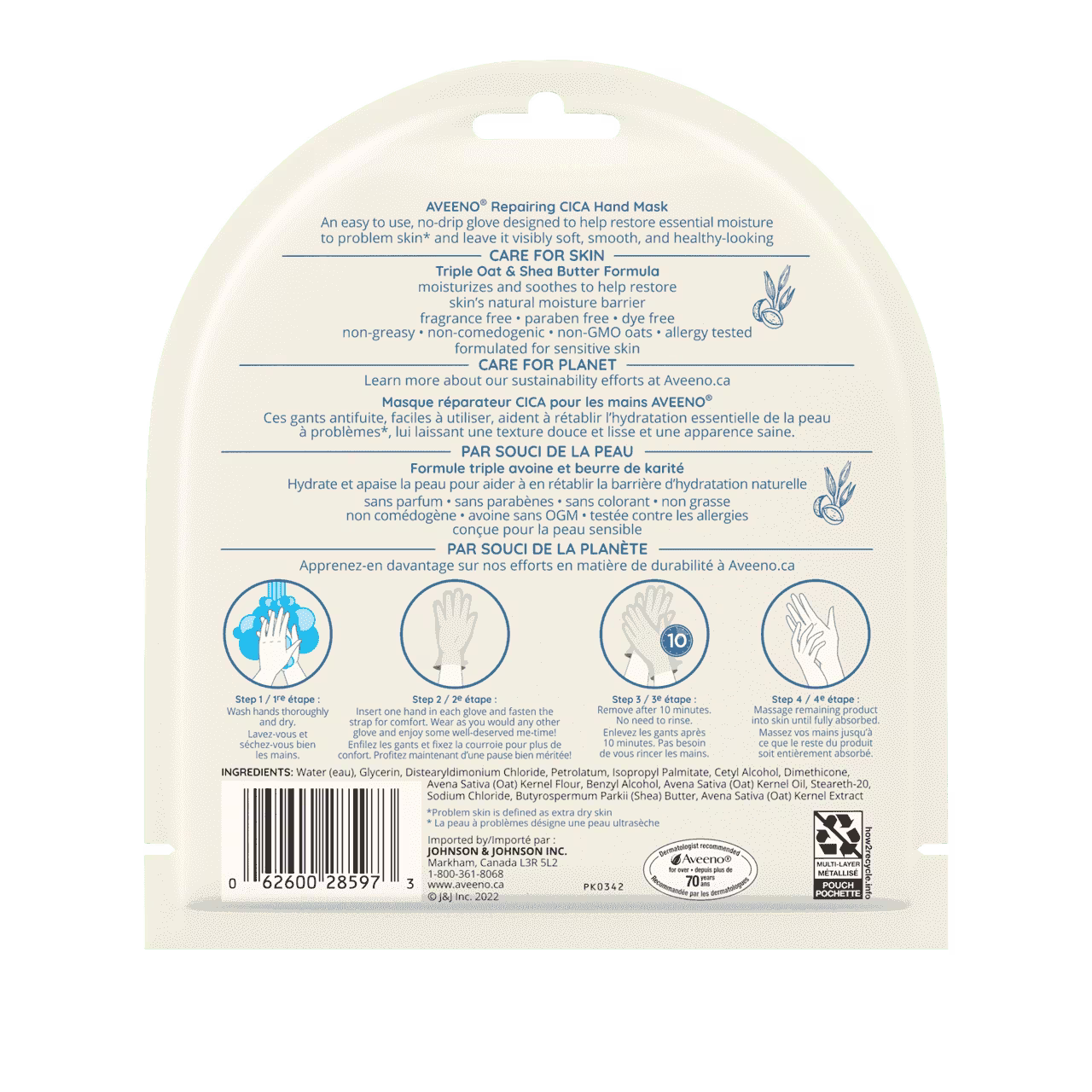 Panneau arrière de l'emballage du masque réparateur CICA pour les mains AVEENO®