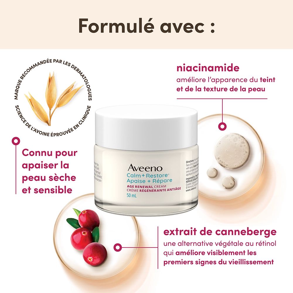 JS4452-AV-CR-AgeRenewalEcommTiles-FRA-4000x4000-4 Photo du devant du pot de crème régénérante antiâge Calm + Restore AVEENO® avec les ingrédients d’avoine, de canneberges et de niacinamide