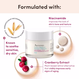 JS4452-AV-CR-AgeRenewalEcommTiles-ENG-4000x4000-4 The front shot of the AVEENO® Calm + Restore Age Renewal Cream jar with oats, cranberries, and niacinamide ingredients