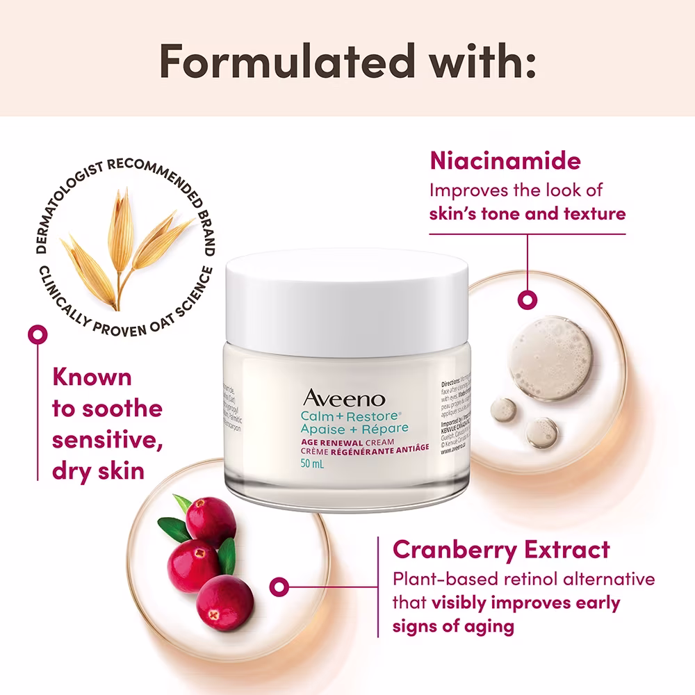 JS4452-AV-CR-AgeRenewalEcommTiles-ENG-4000x4000-4 The front shot of the AVEENO® Calm + Restore Age Renewal Cream jar with oats, cranberries, and niacinamide ingredients