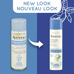 Ancien et nouvel emballage du flacon de 198 g du gel à raser apaisant AVEENO®, avec la mention "nouveau look"