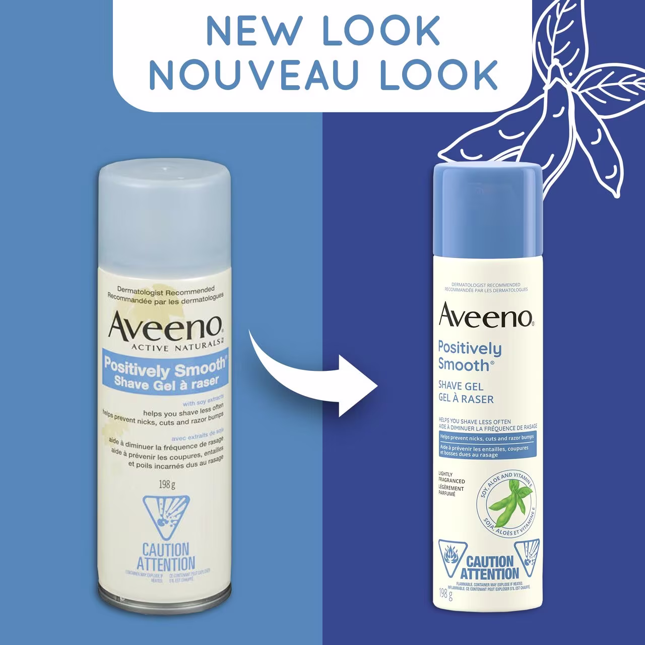 Ancien et nouvel emballage du flacon de 198 g du gel à raser apaisant AVEENO®, avec la mention "nouveau look"
