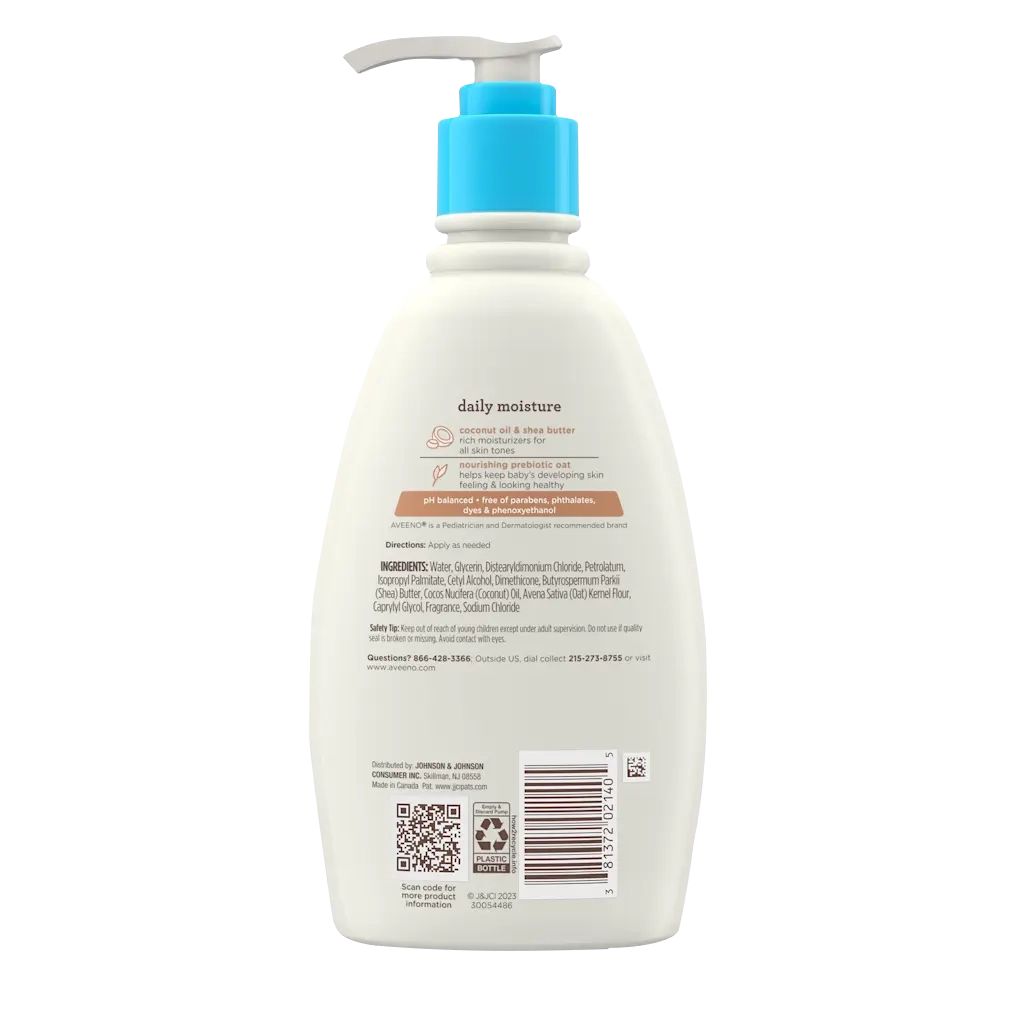  Back pack shot of Aveeno® Baby Daily Moisture Cream Prebiotic Oat, Coconut Oil & Shea Butter 12oz