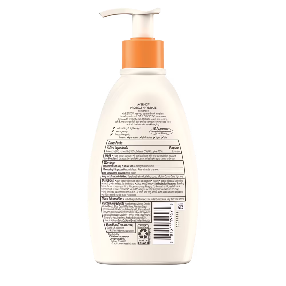 Back of Pack shot of Aveeno® Protect + Hydrate Sunscreen Body Lotion Broad Spectrum SPF 60
