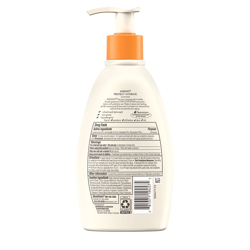 Back of Pack shot of Aveeno® Protect + Hydrate Sunscreen Body Lotion Broad Spectrum SPF 60