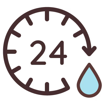 A graphic clock icon with 24 hour symbol with a blue drop of water, representing 24 hours of moisturization