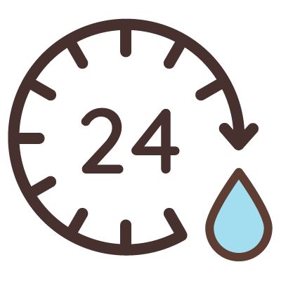 A graphic clock icon with 24 hour symbol with a blue drop of water, representing 24 hours of moisturization
