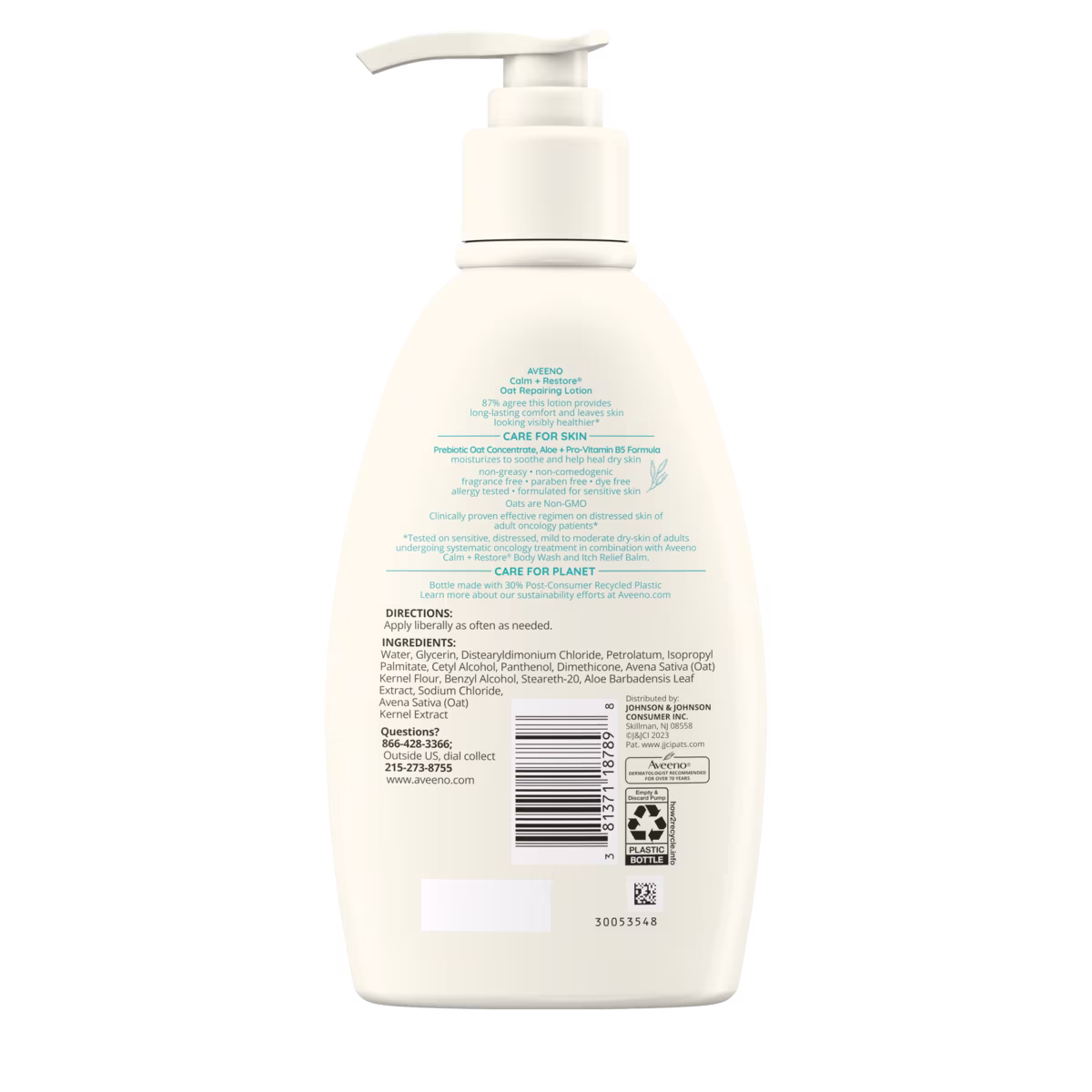 Back of pack shot of Aveeno Calm + Restore® Oat Repairing Lotion for Sensitive Skin & Dry Skin