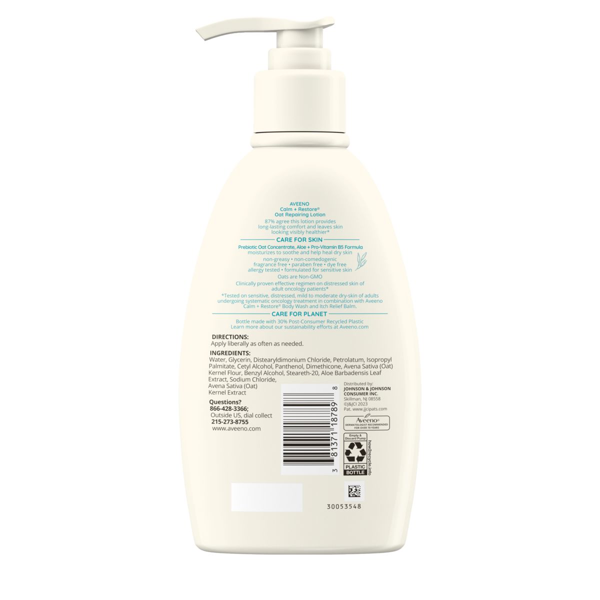 Back of pack shot of Aveeno Calm + Restore® Oat Repairing Lotion for Sensitive Skin & Dry Skin