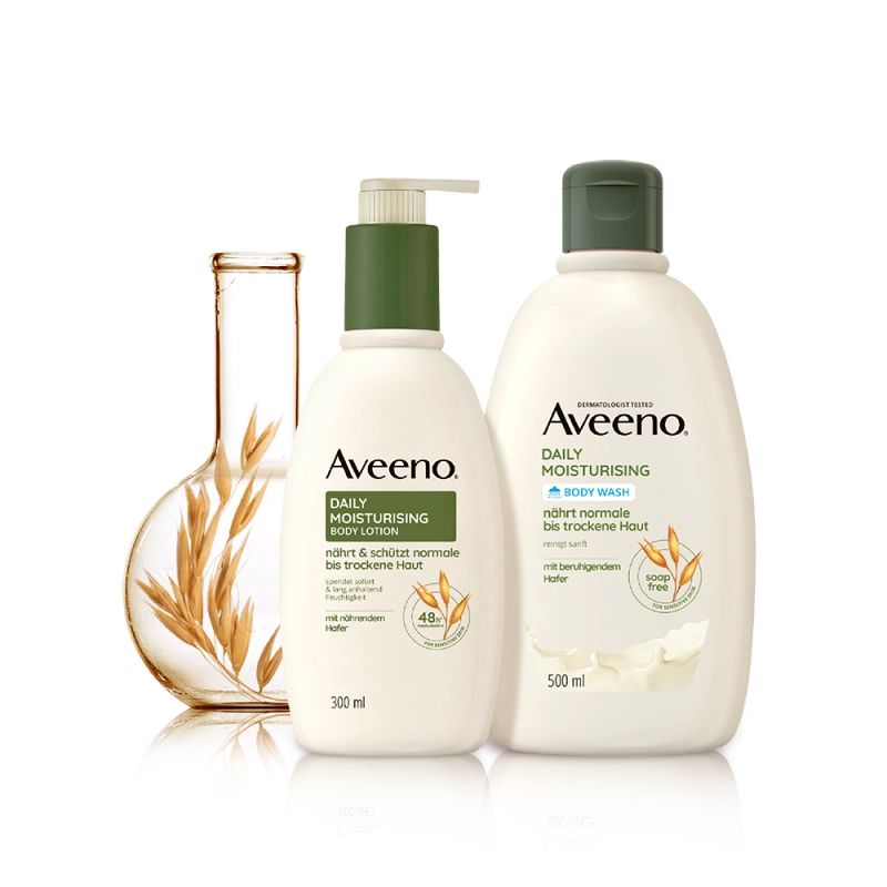 Linia Aveeno® Daily Moisturising– pielęgnacja skóry normalnej i suchej. Aveeno® Daily MoisturisingNawilżający Balsam do Ciała, Aveeno® Daily MoisturisingNawilżający Żel do mycia ciała   Z koloidalną mączką owsianą