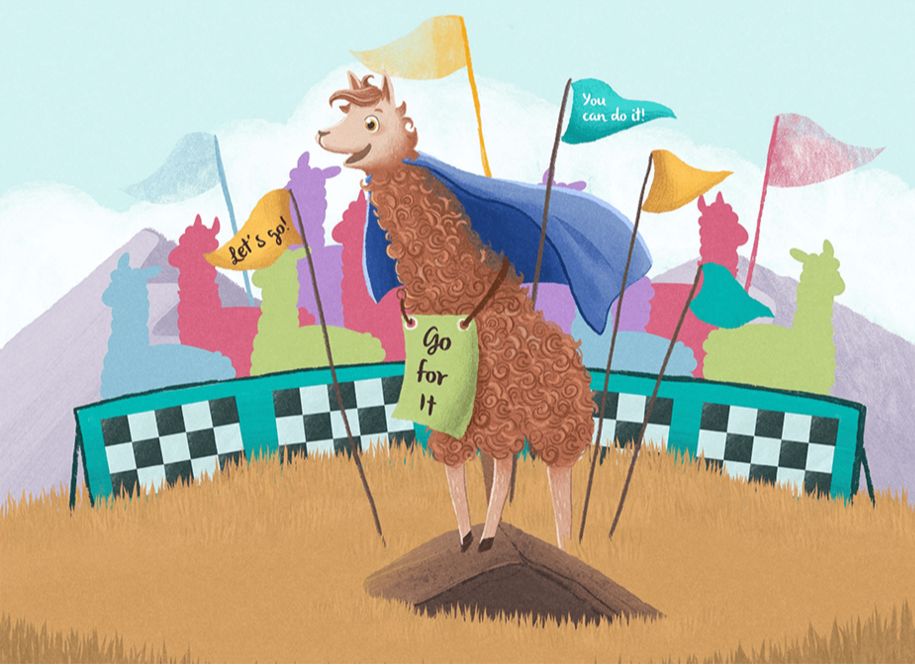 Lucky the Llama with curly hair appearing in a race with a sing that says "Go for it"