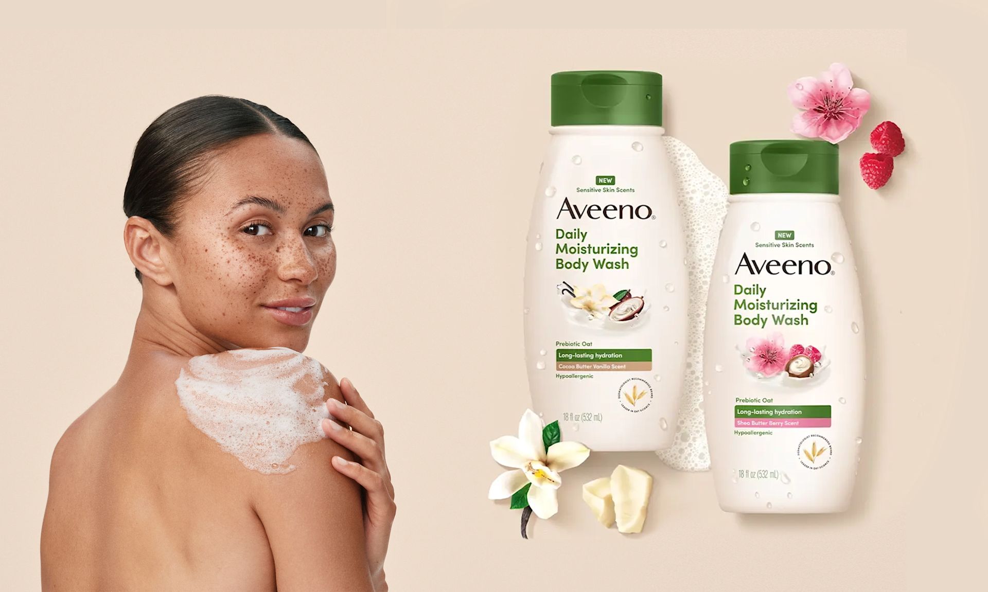 Bottle Image Featuring NEW Aveeno® Sensitive Skin Scents Daily Moisturizing Body Washes