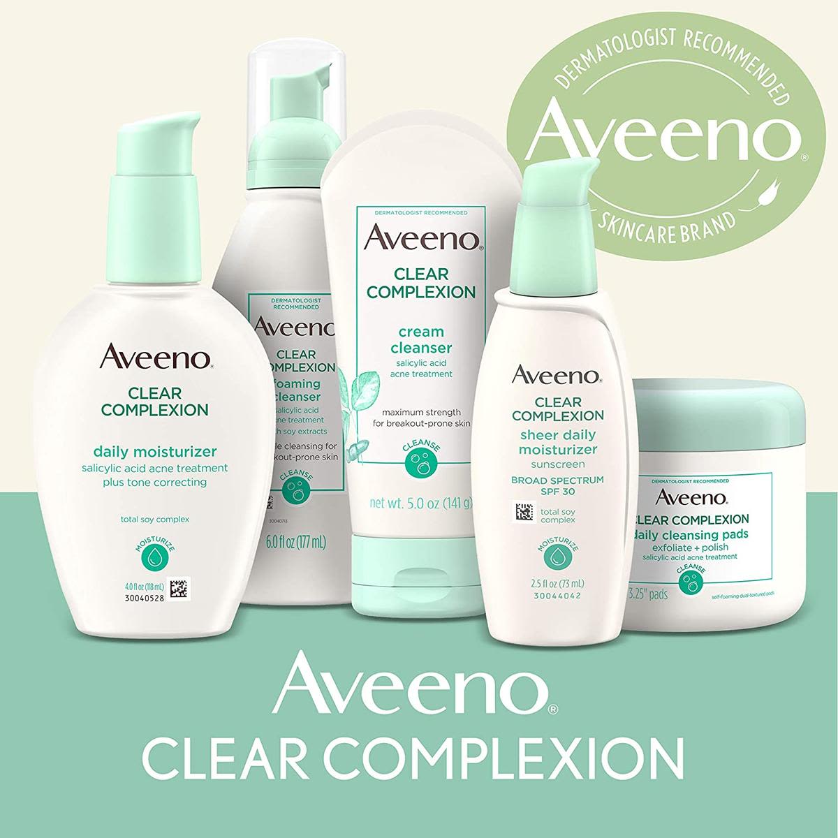 Collection of Aveeno® Clear Complexion product with "dermatologist recommended brand" badge behind