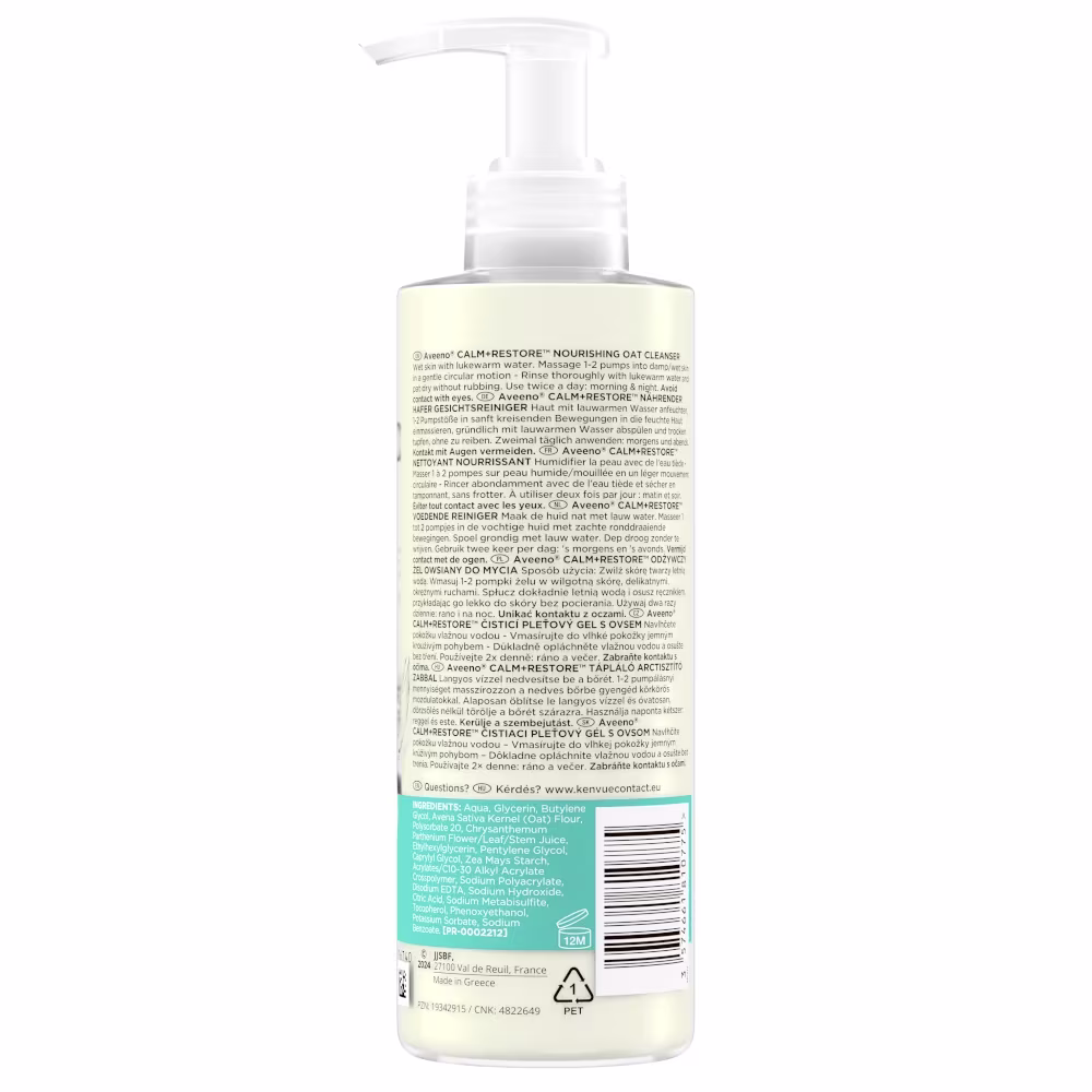 Aveeno® Calm + Restore™ Odżywczy Żel Owsiany do Mycia back Aveeno® Calm + Restore™ Odżywczy Żel Owsiany do Mycia. Tył produktu