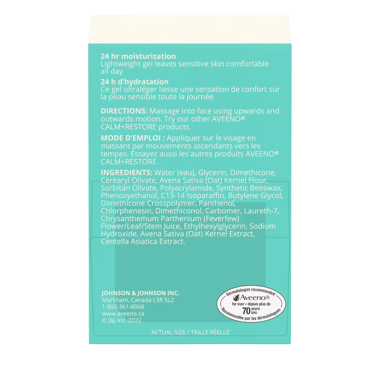 Panneau arrière de l’emballage du gel hydratant à l'avoine AVEENO® Calm + Restore