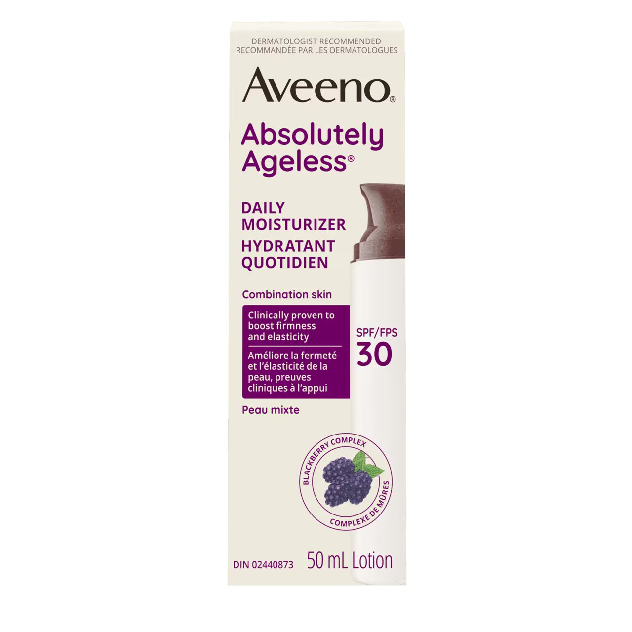 Panneau avant de l'emballage de l'hydratant quotidien AVEENO® Absolutely Ageless avec FPS 30