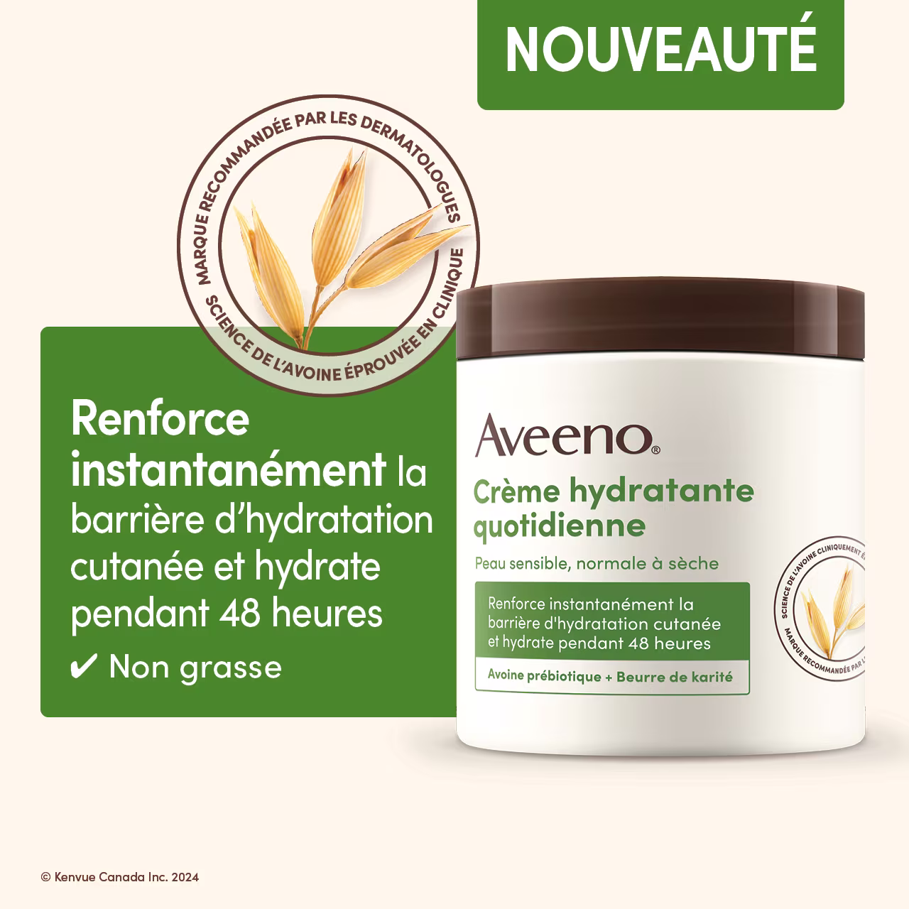 Vue avant de la crème hydratante quotidienne pour peaux sèches et sensibles AVEENO® à côté du logo de marque recommandée par les dermatologues avec un brin d’avoine