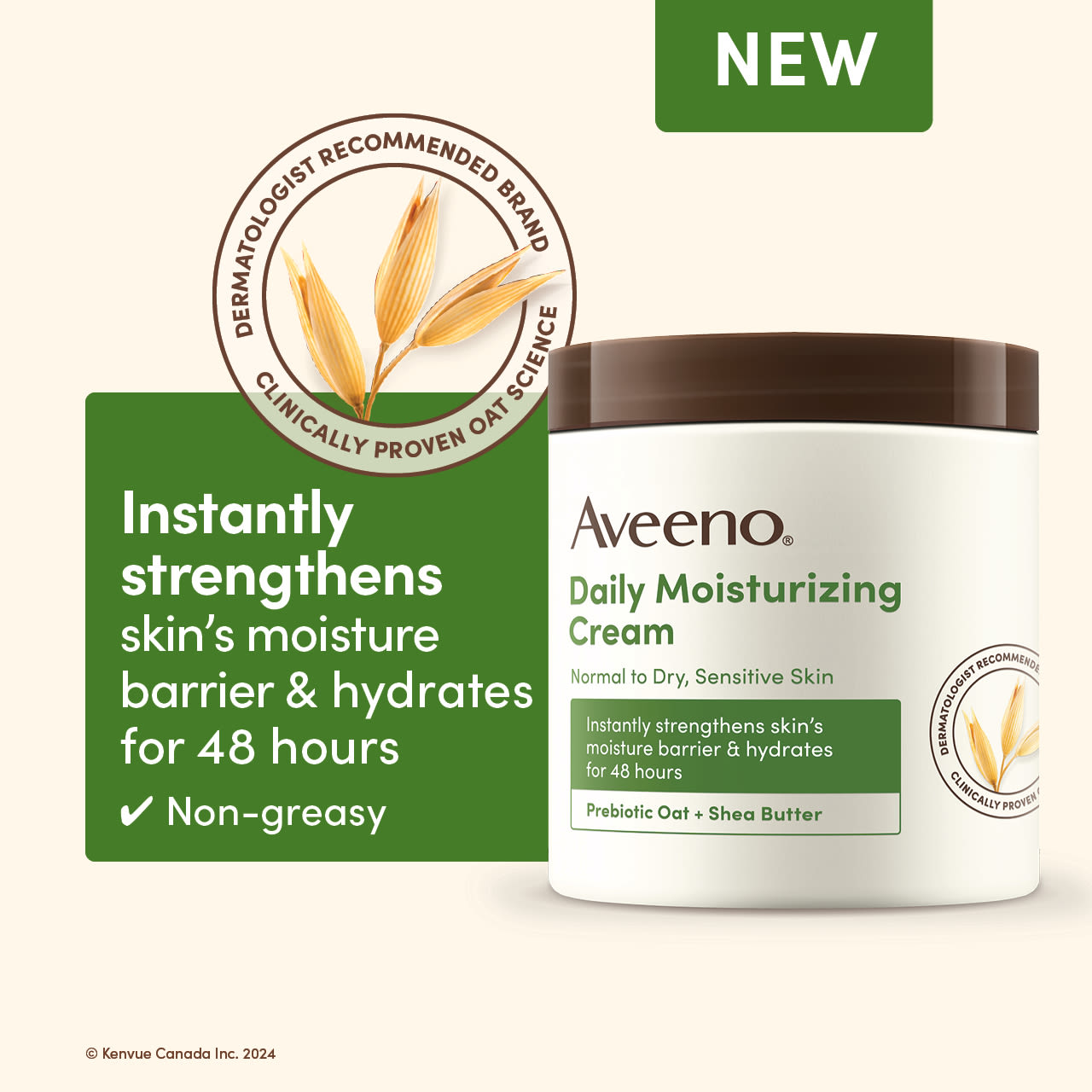 Vue avant de la crème hydratante quotidienne pour peaux sèches et sensibles AVEENO® à côté du logo de marque recommandée par les dermatologues avec un brin d’avoine