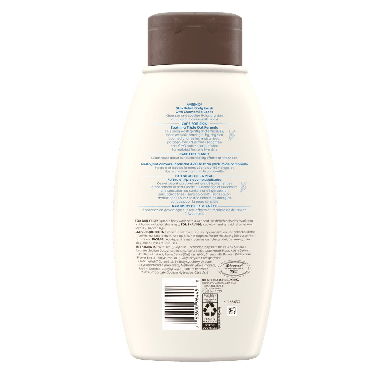 Panneau arrière du flacon du gel nettoyant apaisant AVEENO® au doux parfum de camomille.