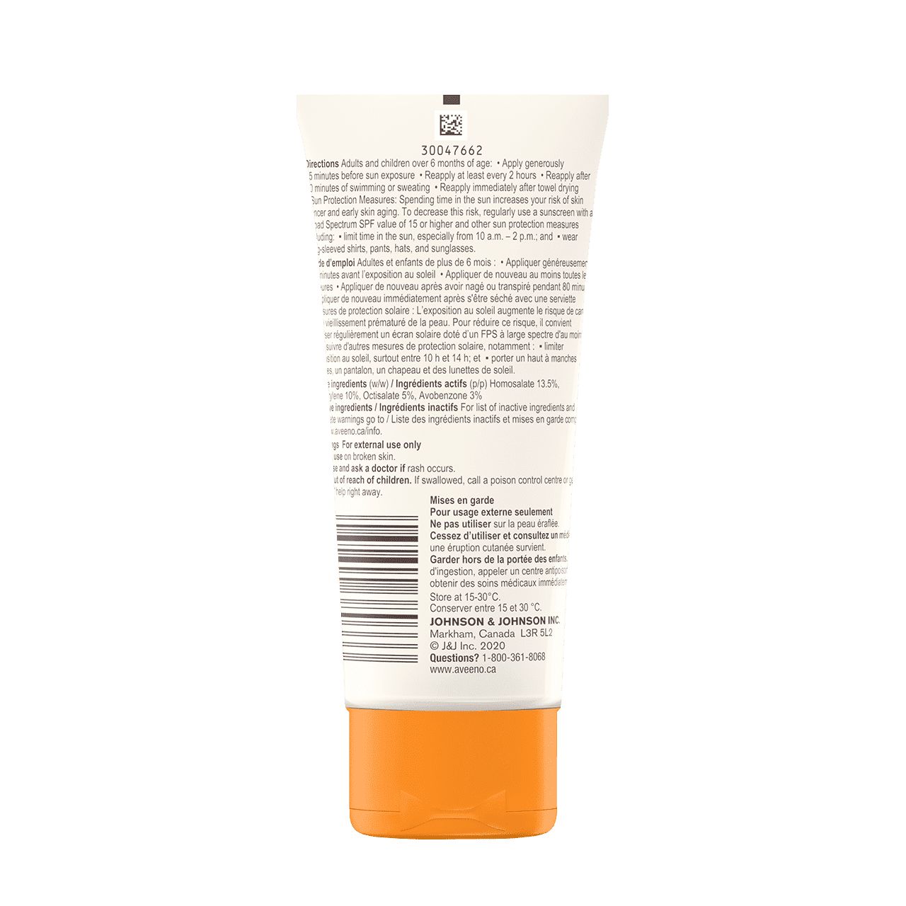 Étiquette arrière du tube de l'écran solaire AVEENO® PROTECT + HYDRATE® 