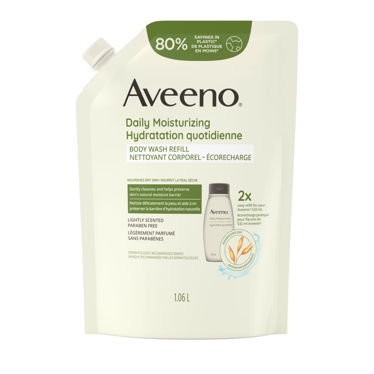 Panneau avant de l'écorecharge du nettoyant corporel AVEENO® Hydratation quotidienne