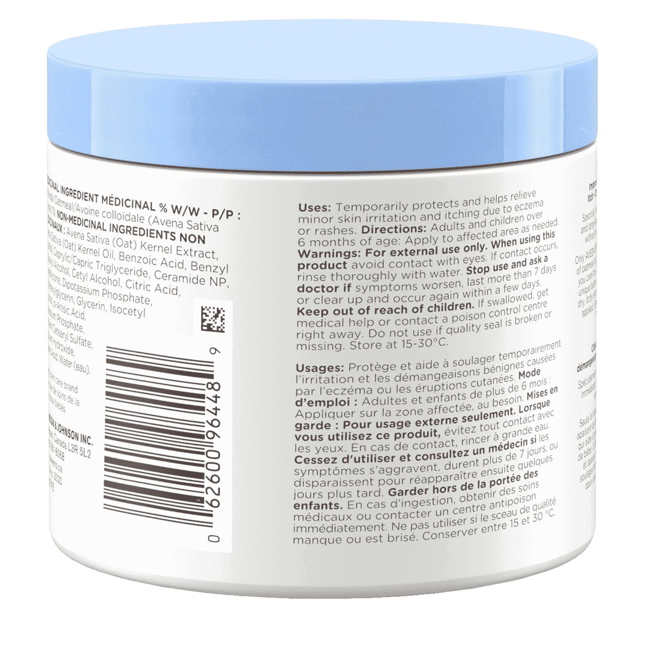 Vue arrière d’un pot de 311 g de baume de nuit Aveeno Baby Soin de l’eczéma