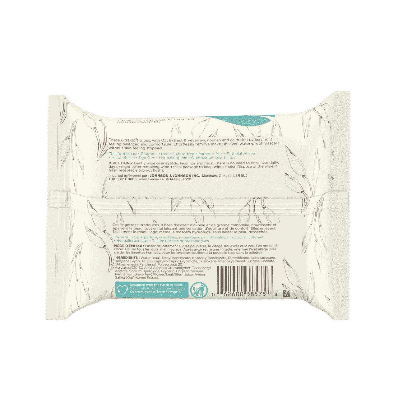 Dos de l’emballage de 25 lingettes Aveeno® Calm + Restore