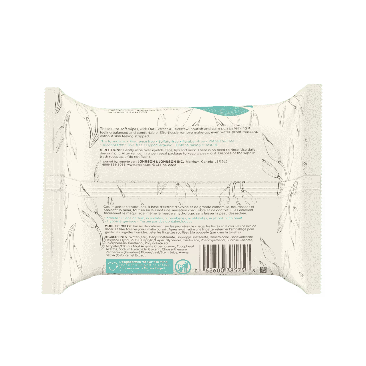 Back Shot of Pack of Aveeno® Calm + Restore wipe in 25ct