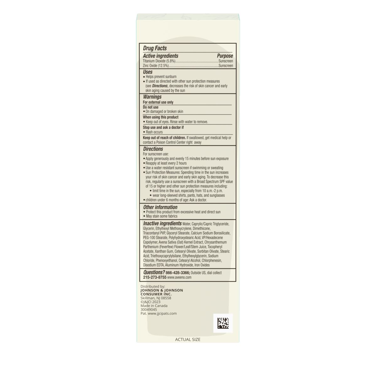 Back pack shot of Aveeno® Calm + Restore Daily Moisturizer Mineral Sunscreen 7oz