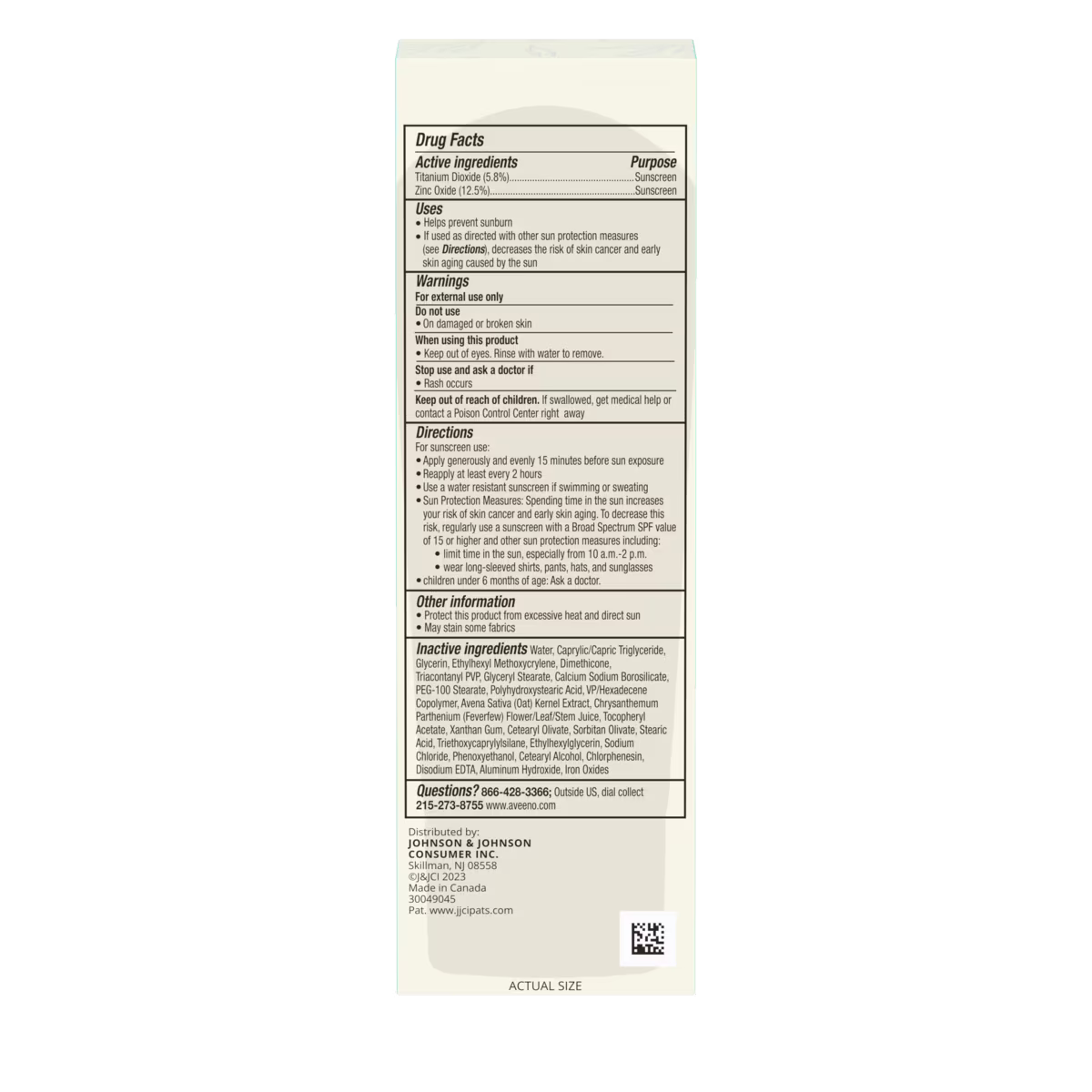 Back pack shot of Aveeno® Calm + Restore Daily Moisturizer Mineral Sunscreen 7oz