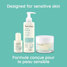 Three AVEENO® Calm + Restore products with a claim stating ‘ Designed for sensitive skin’