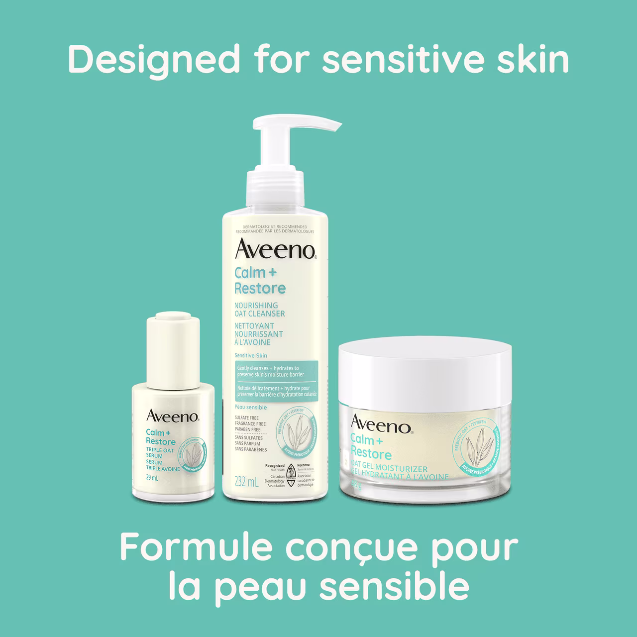 Three AVEENO® Calm + Restore products with a claim stating ‘ Designed for sensitive skin’