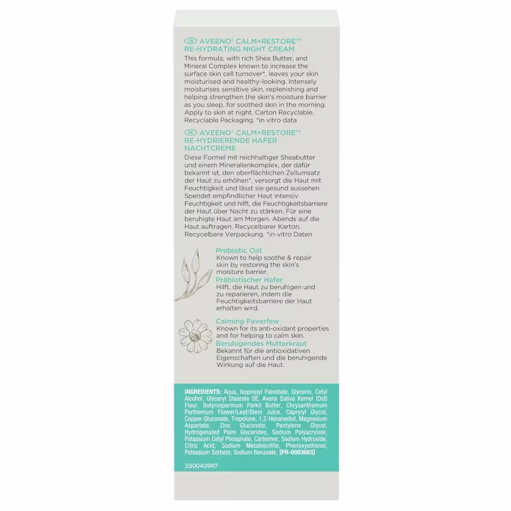 Aveeno® Calm + Restore™ Przywracający Nawilżenie Krem Na Noc – zdjęcie opakowania z tyłu