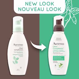 Old and new packaging of AVEENO® Clear Complexion Foaming Cleanser,  180 mL bottles, with text 'new look'