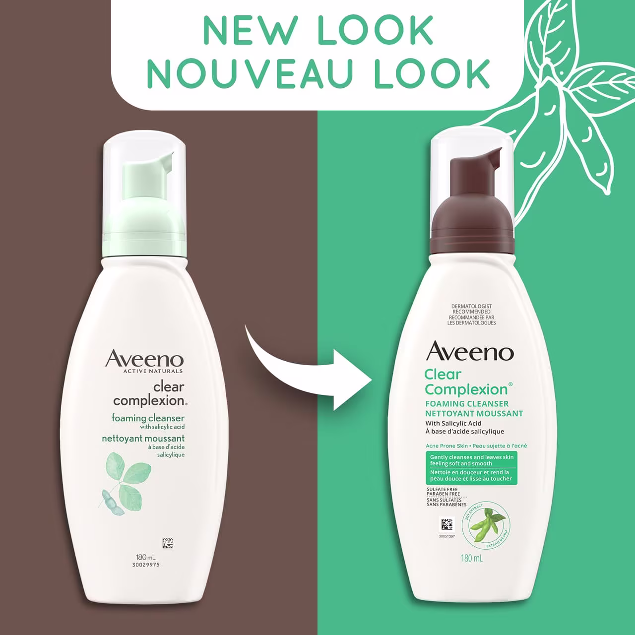 Old and new packaging of AVEENO® Clear Complexion Foaming Cleanser,  180 mL bottles, with text 'new look'