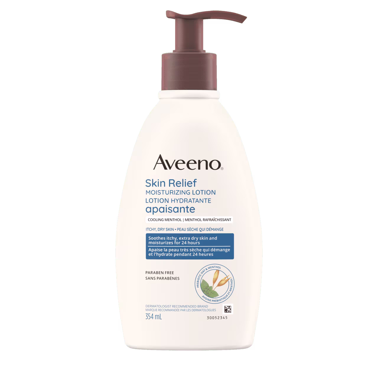 Panneau avant du flacon de la lotion hydratante apaisante AVEENO® au menthol rafraîchissant