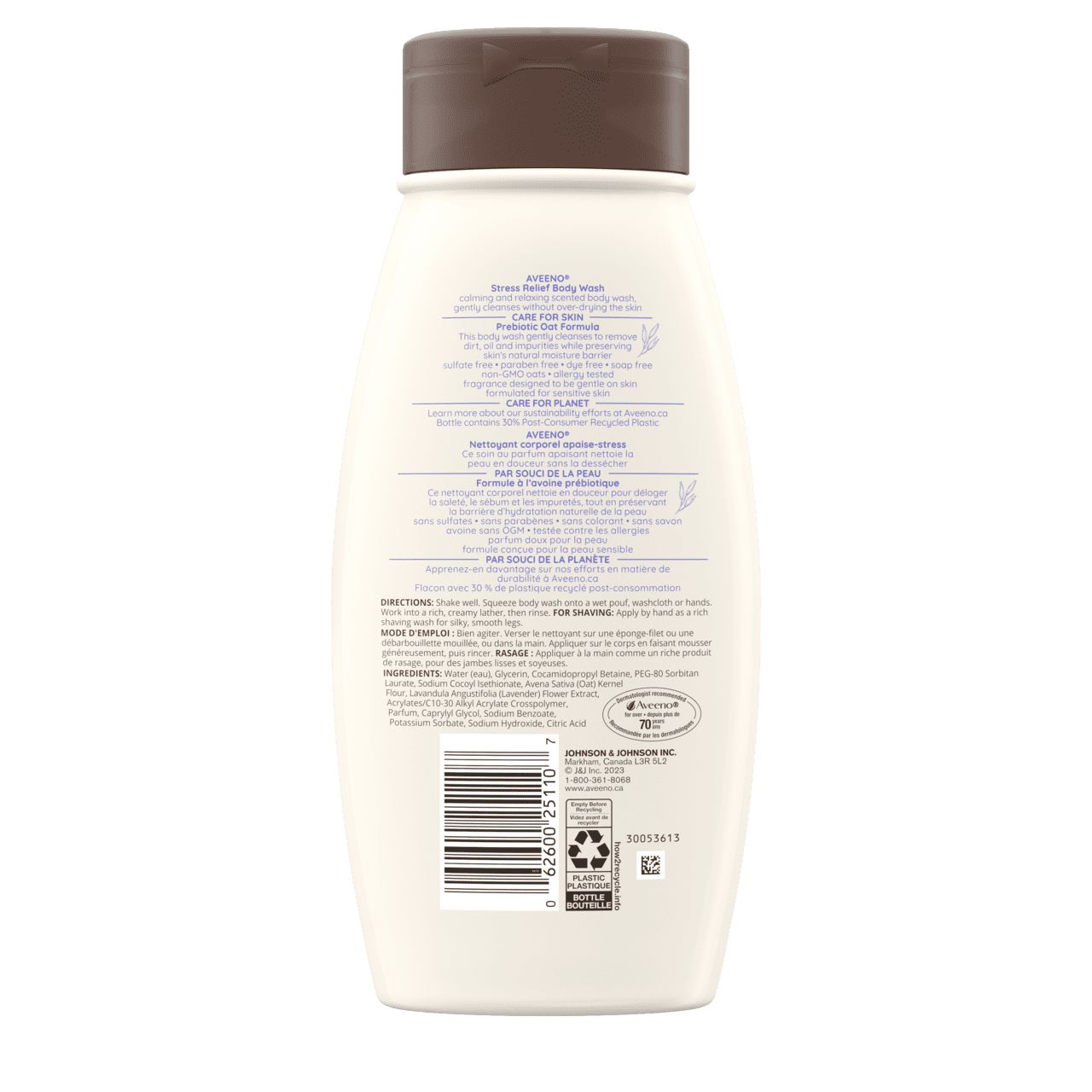 Gel nettoyant apaise-stress AVEENO®, panneau arrière du flacon de 532 ml