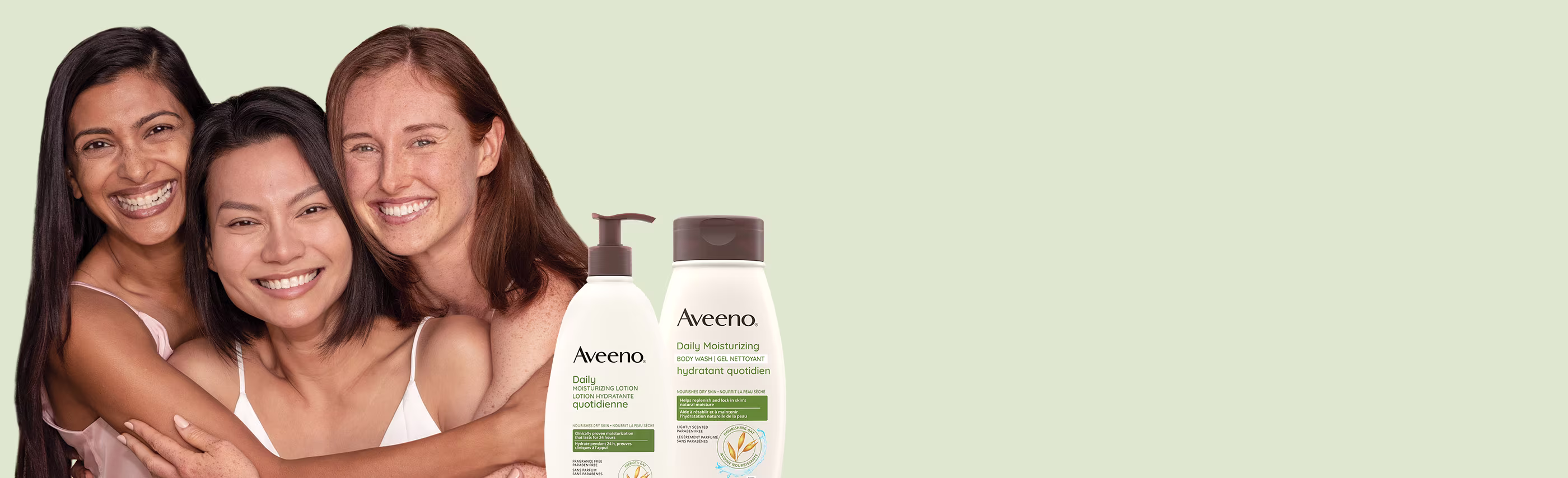 3 femmes de différentes origines ethniques et 2 produits hydratants AVEENO®