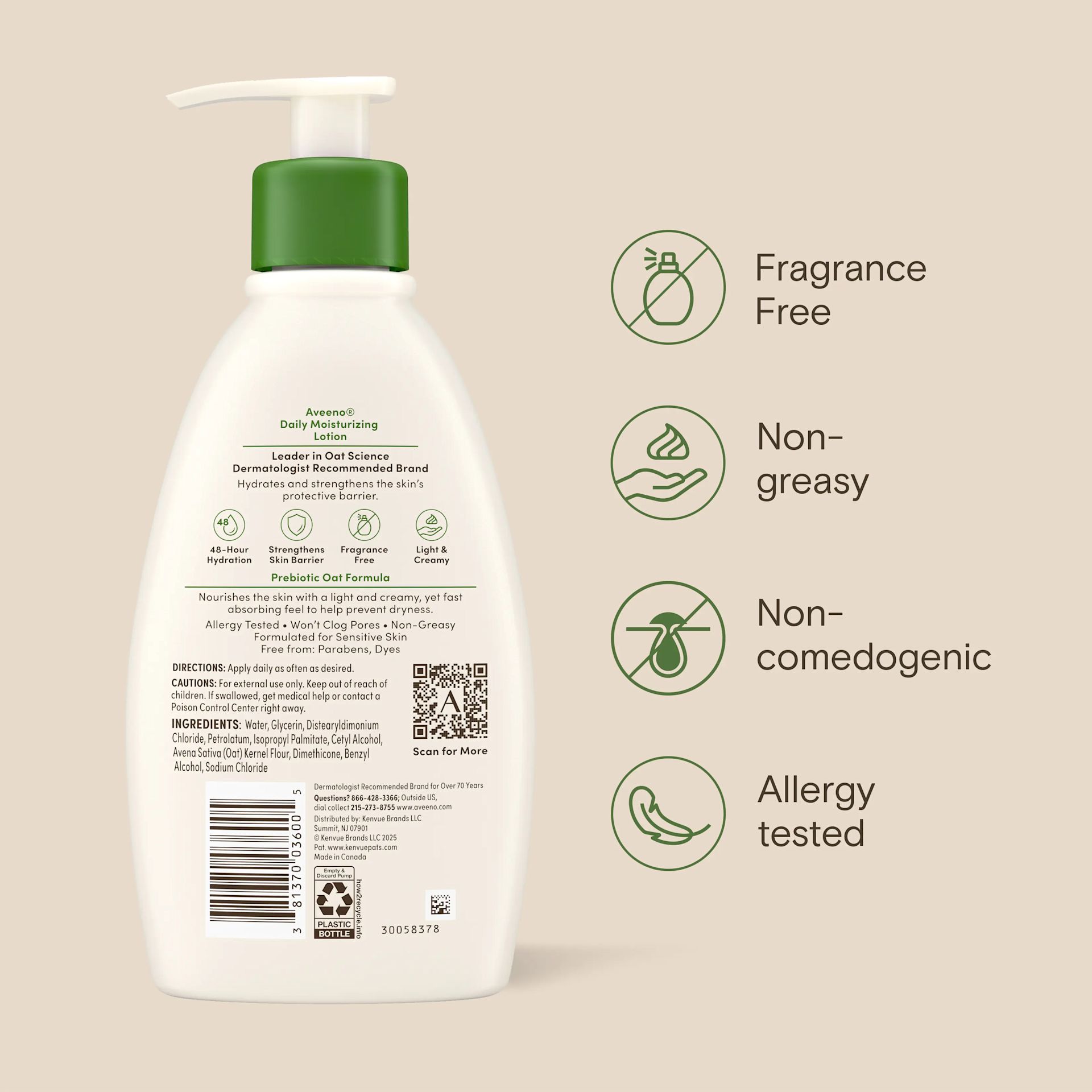 Aveeno® Daily Moisturizing Lotion fragrance free, non-greasy, non-comedogenic & allergy tested
