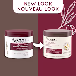 Ancien et nouvel emballage du pot de 306 ml de la crème hydratante réparatrice ultrasoins AVEENO®, avec la mention « Nouveau look »
