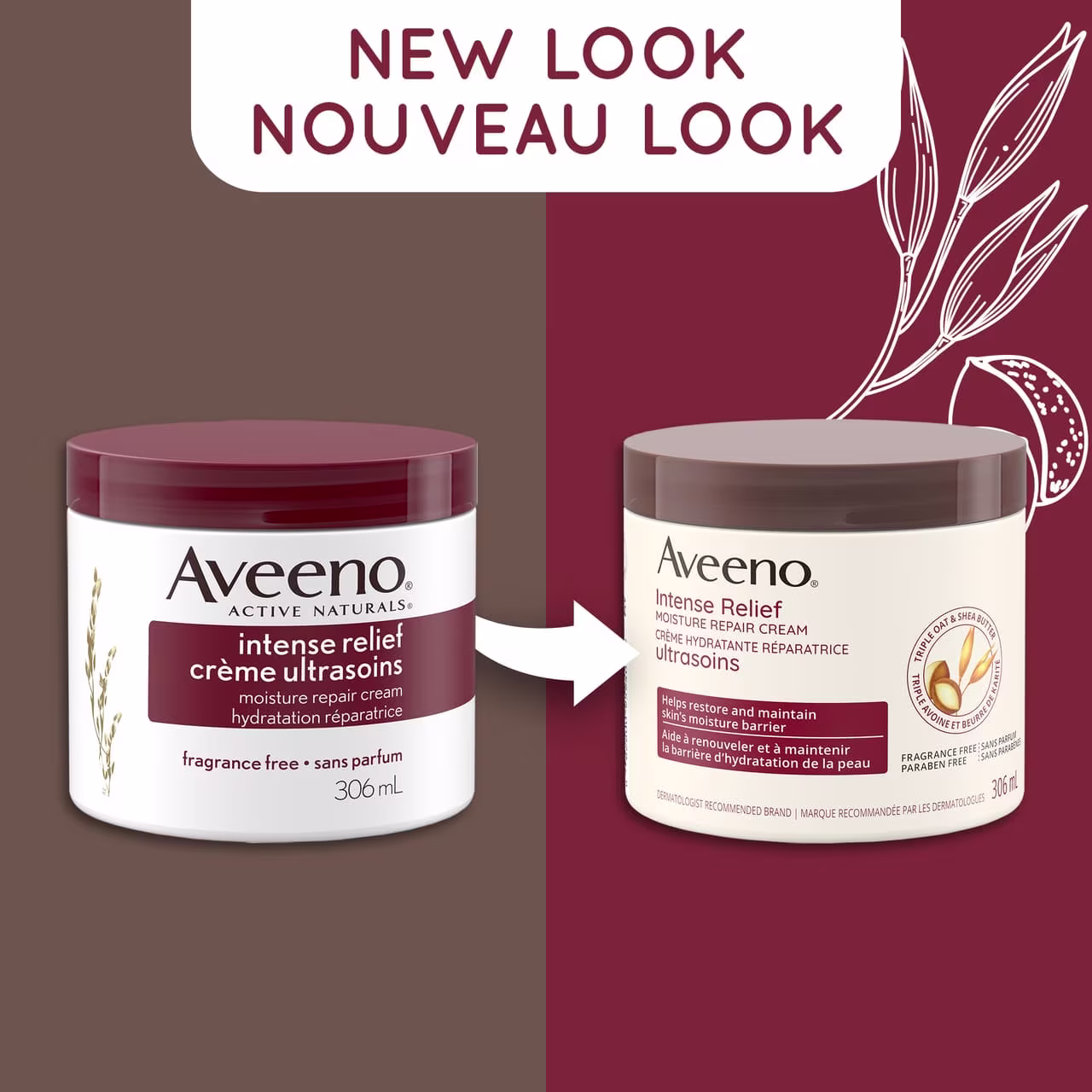 Ancien et nouvel emballage du pot de 306 ml de la crème hydratante réparatrice ultrasoins AVEENO®, avec la mention « Nouveau look »