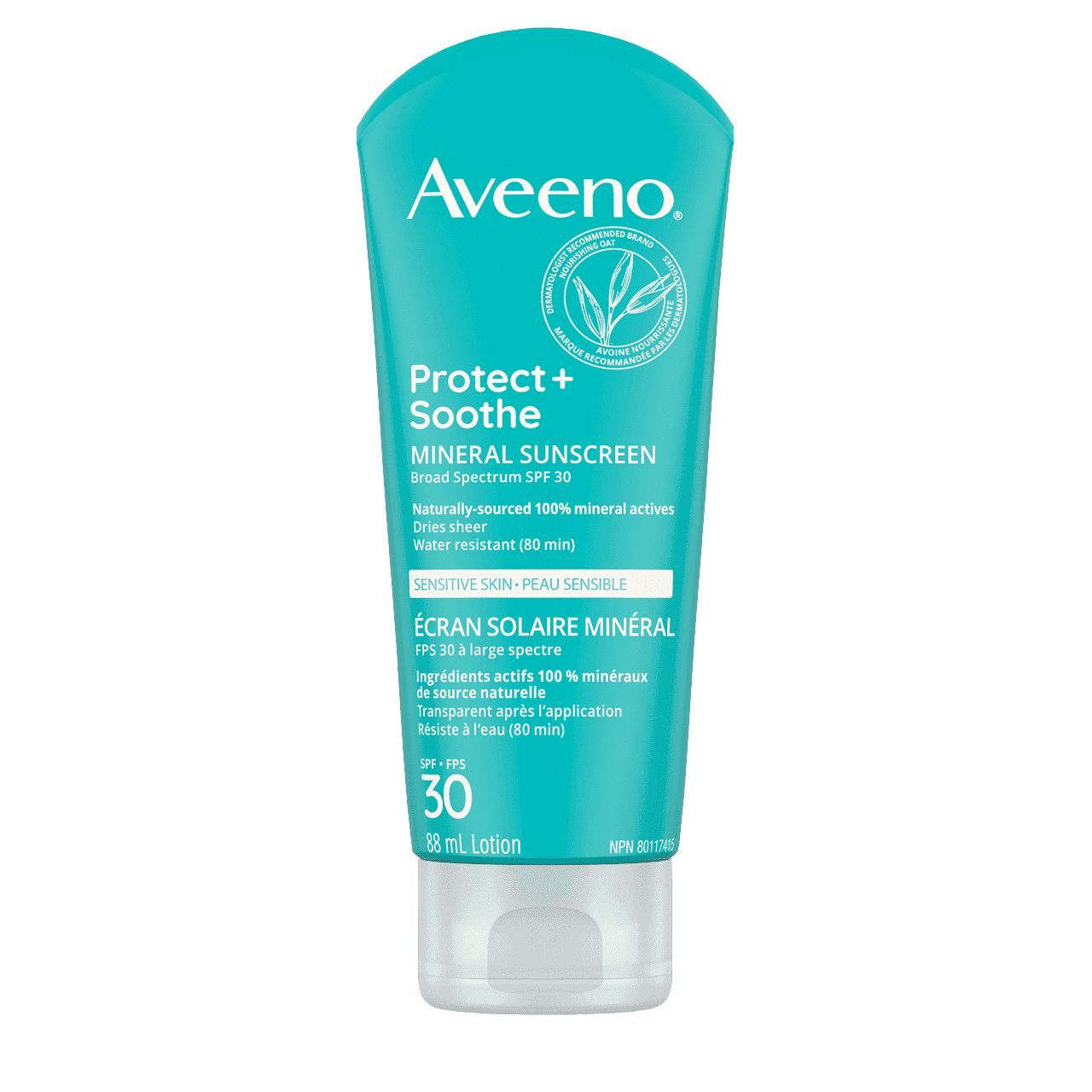 Tube à presser de 88 ml de l’écran solaire minéral AVEENO® Protect + Soothe pour peau sensible, avec FPS 30