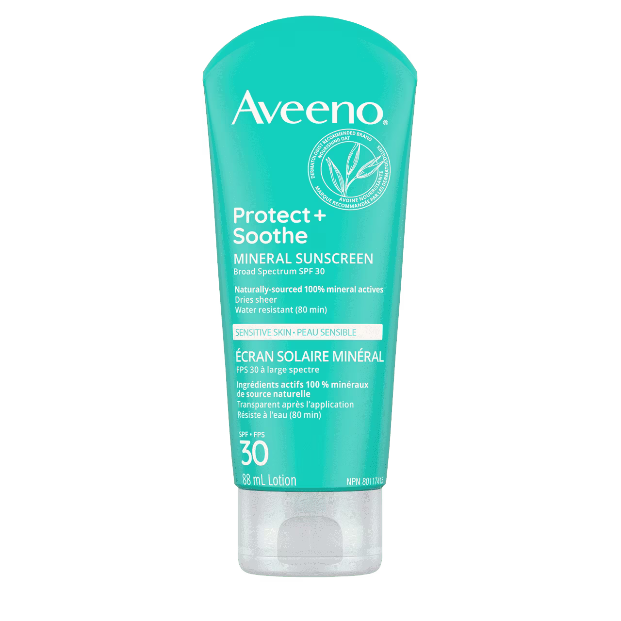 AVEENO® Protect + Soothe Mineral Sunscreen with SPF 30 for Sensitive Skin, squeeze tube, 88 mL