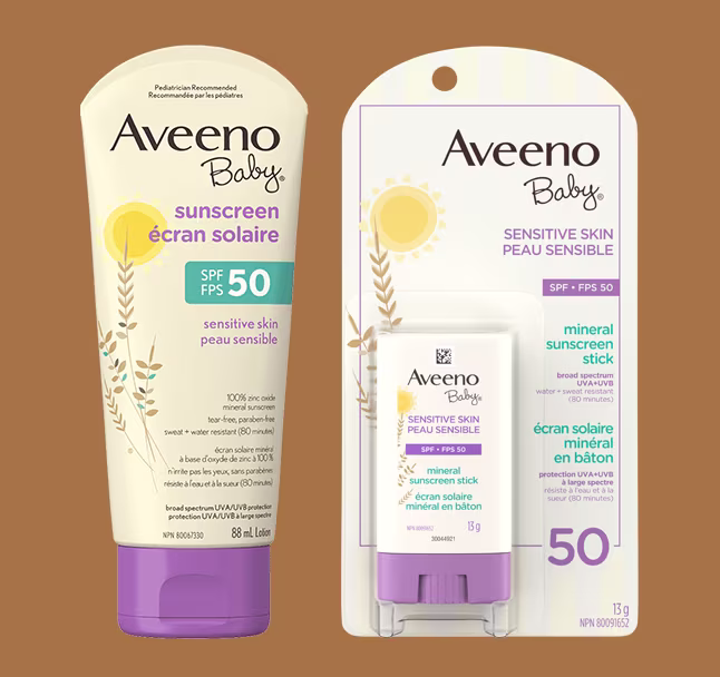 AVEENO® BABY Sensitive Skin Mineral Sunscreen SPF 50, 88ml lotion and 13g stick